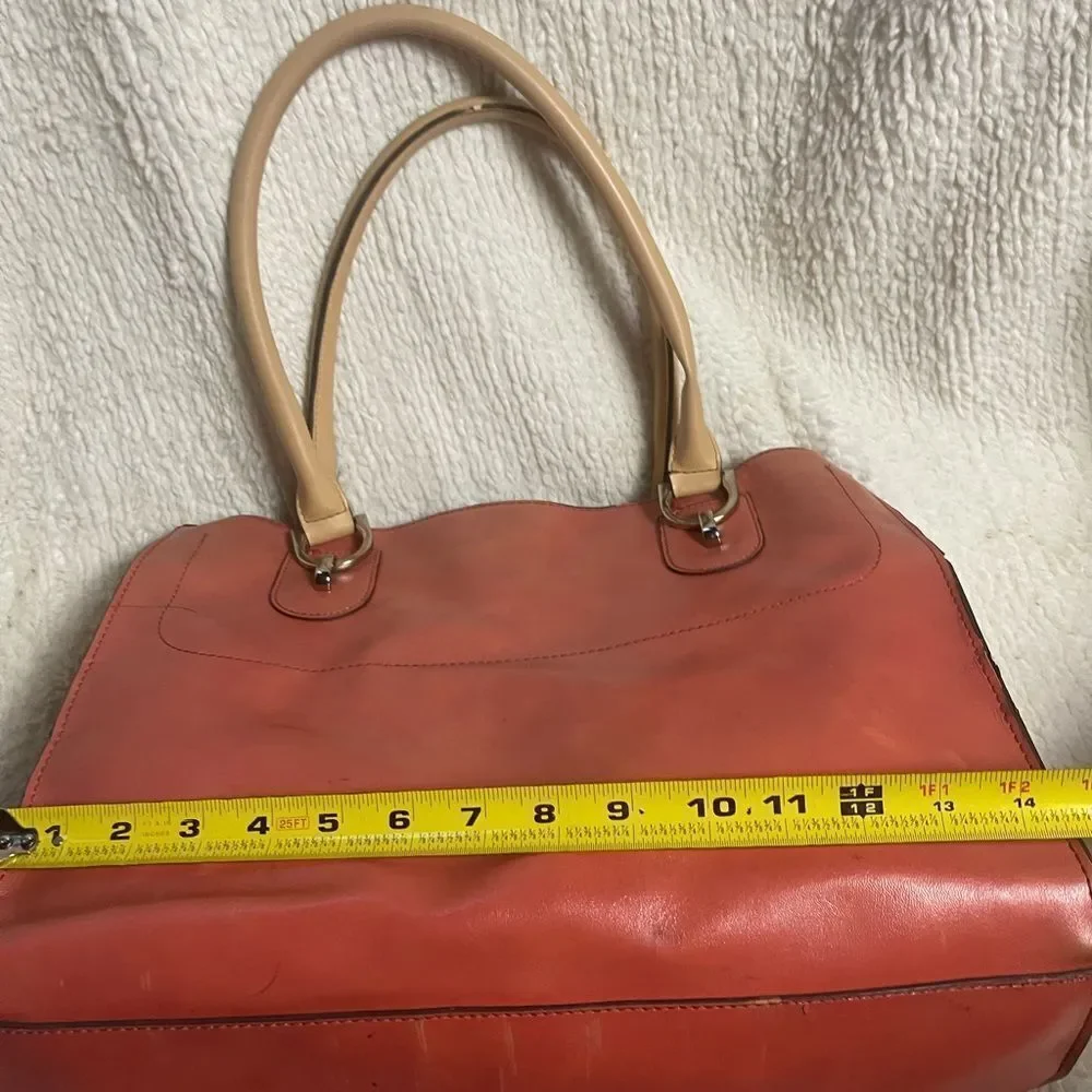 London Fog Faux leather orange large tote bag beige straps silver tone hardwares